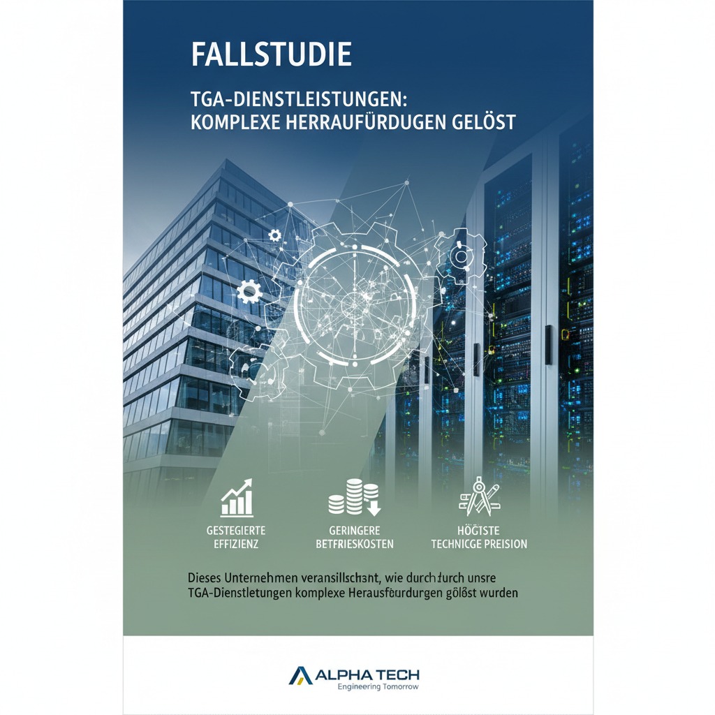 Titelblatt einer Fallstudie von Alpha Tech über TGA-Dienstleistungen mit Grafiken zu Effizienz, Kosten und Präzision vor einem Hintergrund aus Bürogebäude und Serverraum.