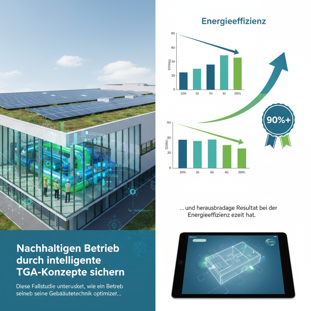 Eine Infografik zeigt ein modernes Gebäude mit Solaranlagen und technischer Gebäudeausrüstung sowie Diagramme zur Energieeffizienz und CO2-Reduktion.