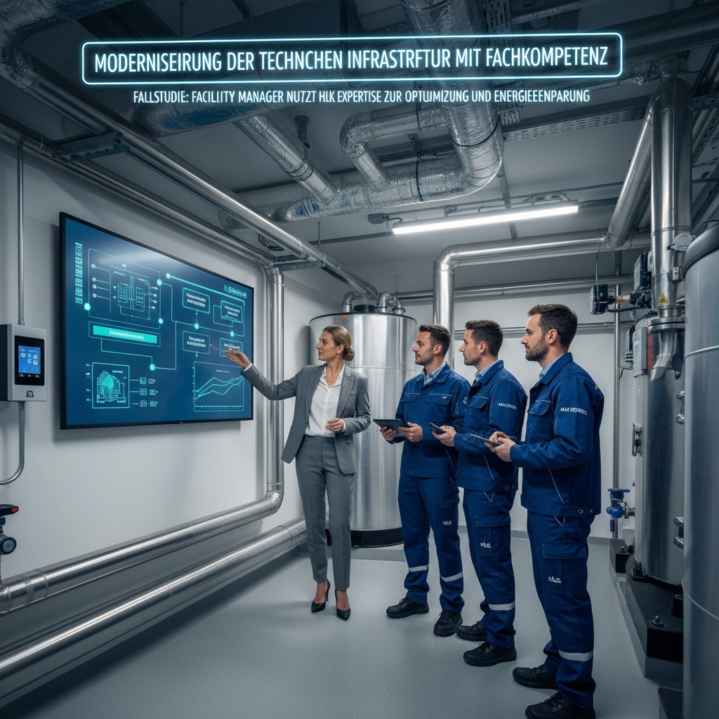 Eine Facility Managerin erläutert drei Technikern in einem Heizungskeller anhand einer digitalen Anzeige die Optimierung der technischen Infrastruktur.