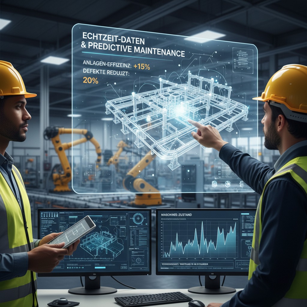 Zwei Ingenieure in Sicherheitskleidung analysieren in einer Fabrikhalle eine digitale 3D-Projektion einer Industrieanlage mit Echtzeit-Leistungsdaten.