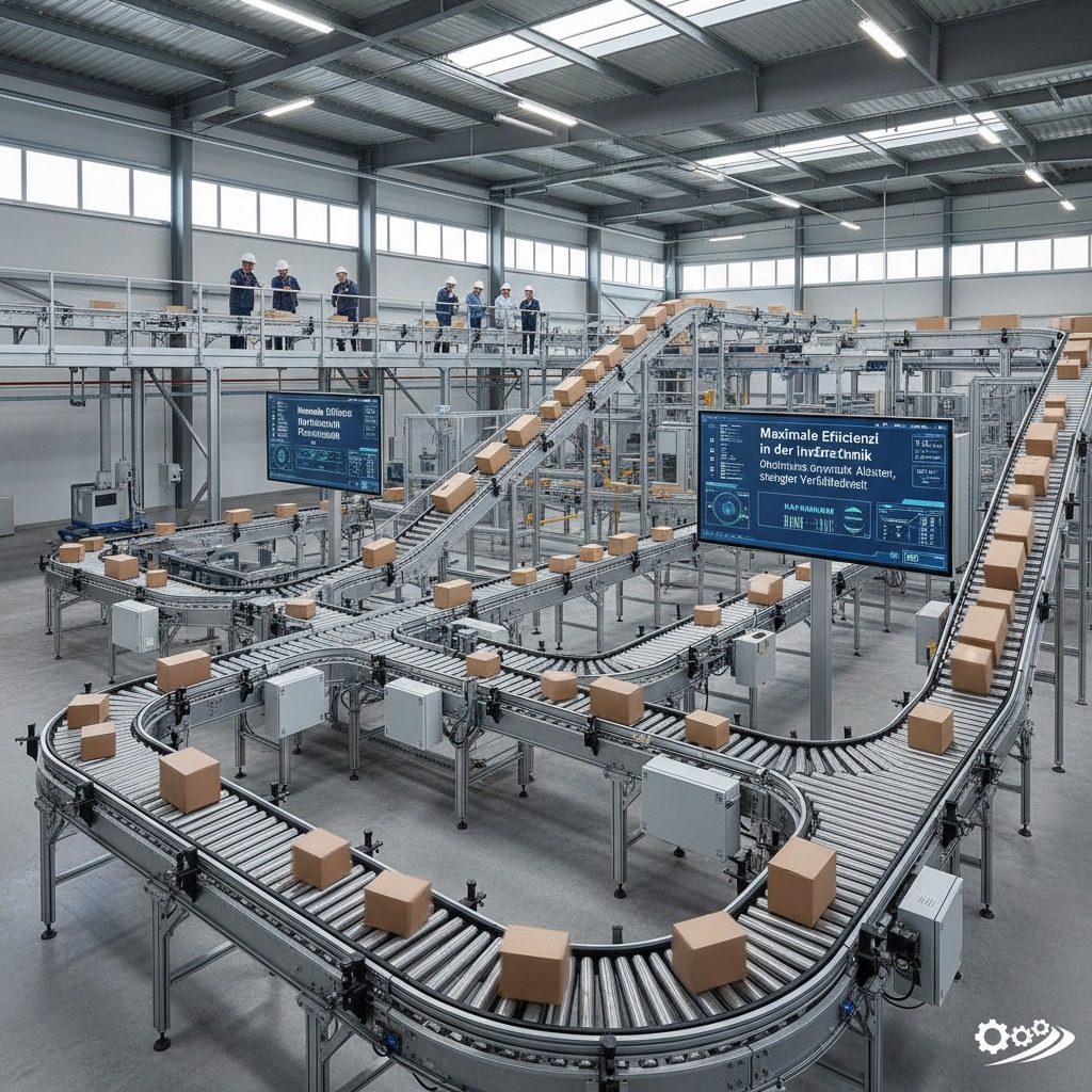 Mehrere Mitarbeiter beobachten von einer erhöhten Plattform aus ein automatisiertes Förderbandsystem, auf dem zahlreiche Pakete durch eine moderne Lagerhalle transportiert werden.